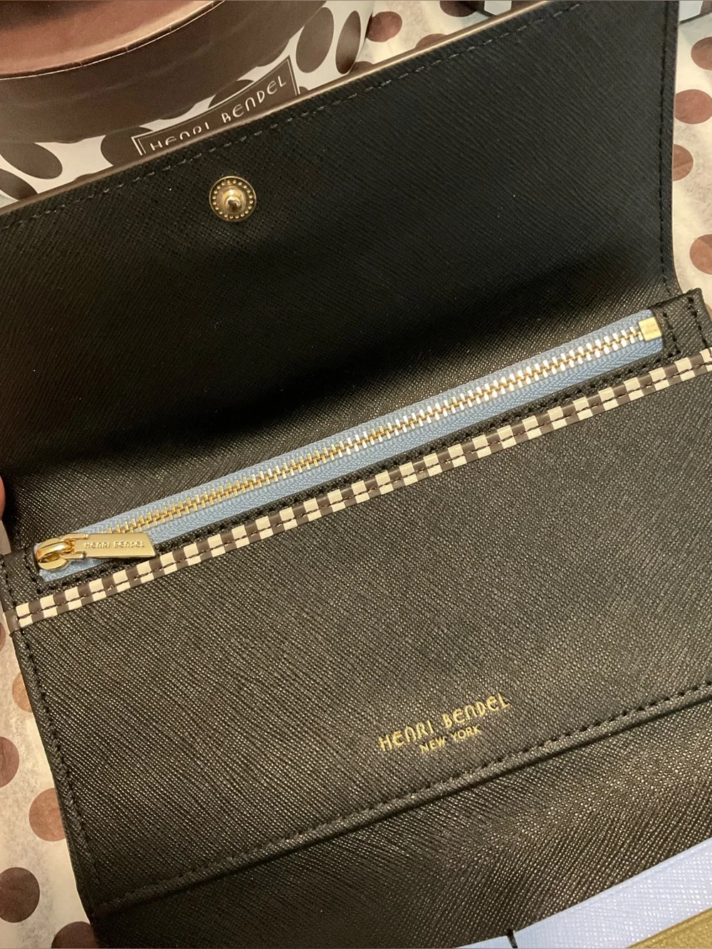 Henri Bendel West 57th Trifold Wallet Light Blue, Black and Olive w Dust Bag